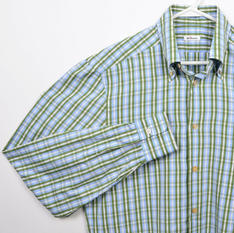 Kiton Men's 17 (XL) Blue Green Check Made in Italy Designer Button-Down Shirt