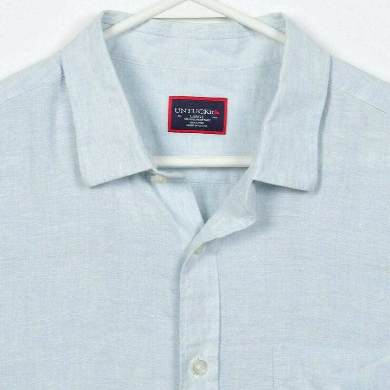 UNTUCKit Men's Large Linen Wrinkle Resistant Solid Light Blue Button-Front Shirt