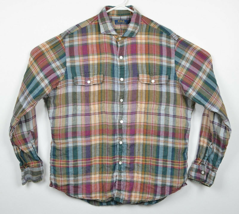 Polo Ralph Lauren Men's XL 100% Linen Brown Red Tartan Plaid Button-Front Shirt