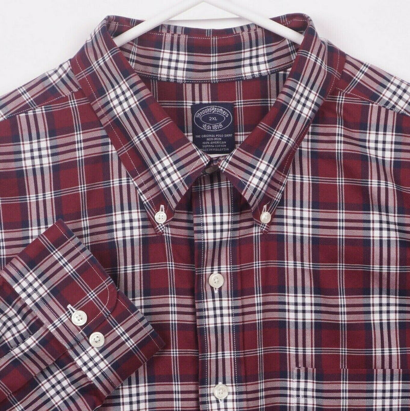 Brooks Brothers Men's 2XL Red Navy Plaid Non-Iron Long Sleeve Button-Down Shirt