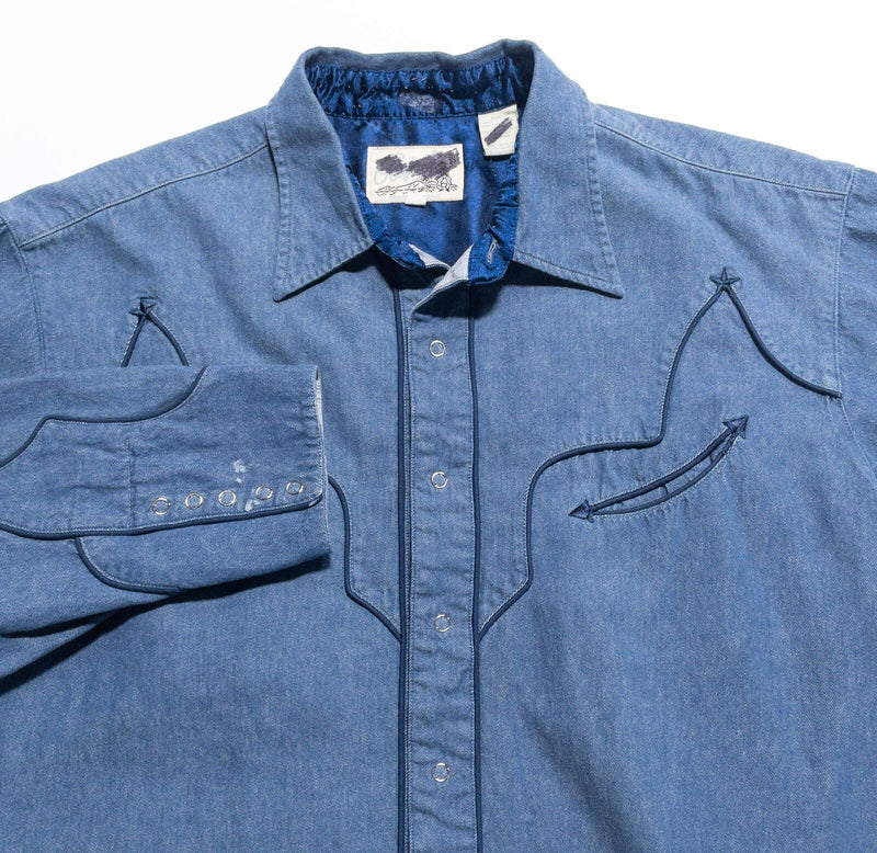 Roper Denim Pearl Snap Shirt Men's XL Western Rockabilly Blue Smile Pocket Star