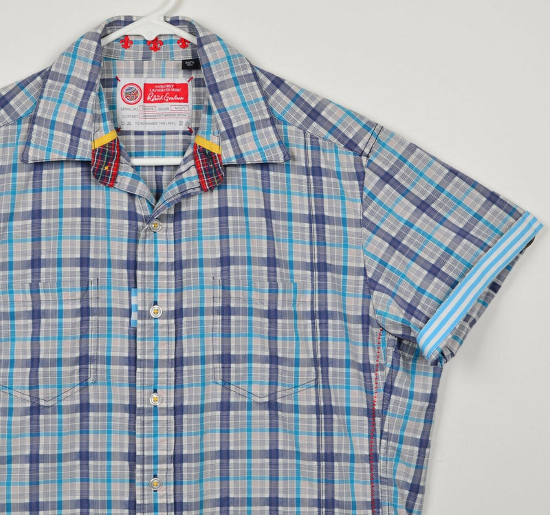 Robert Graham Men's Sz Medium Freshly Laundered Flip Cuff Blue Plaid Shirt