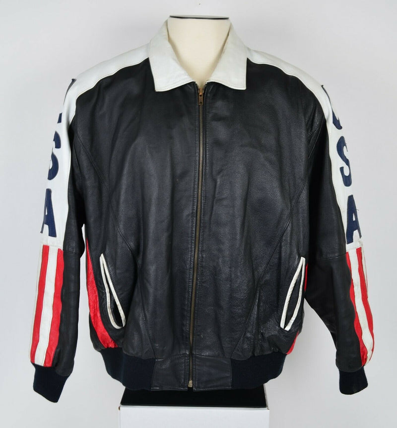 Vintage 80s Michael Hoban Men's 3XL American Flag Quilt Lined Leather Jacket