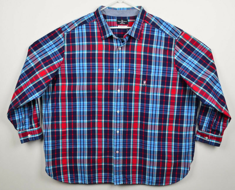 Psycho Bunny Men's 3XL Flannel Red Blue Plaid Button-Front Long Sleeve Shirt