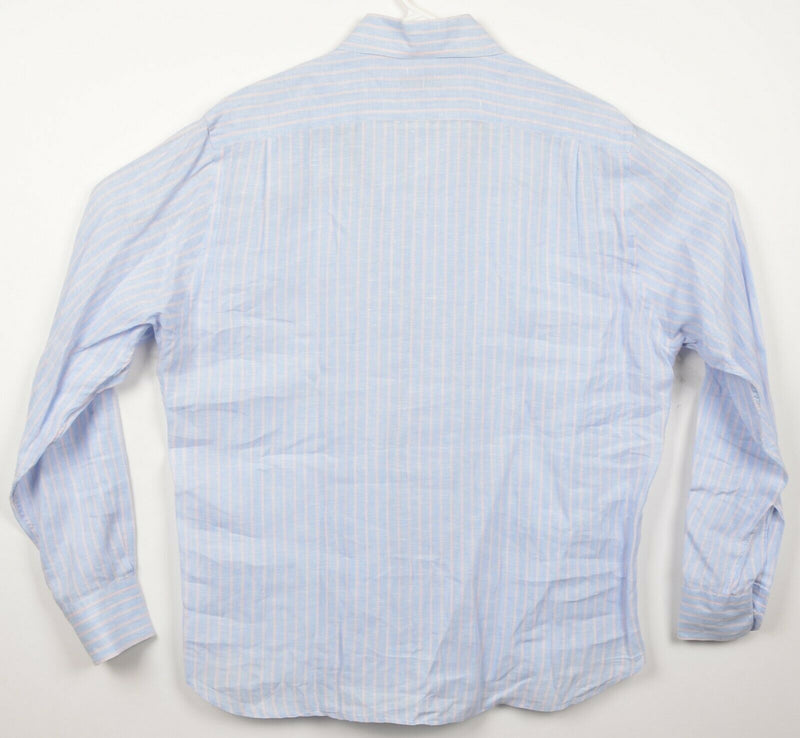 Barneys New York Men's Medium 100% Linen Blue Pink Striped Italian Shirt