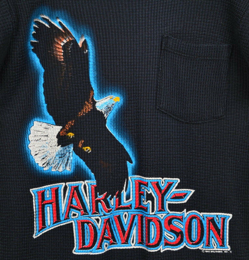 Vintage 1991 Harley-Davidson Men's Sz Large Eagle USA Flag Waffle Thermal Shirt