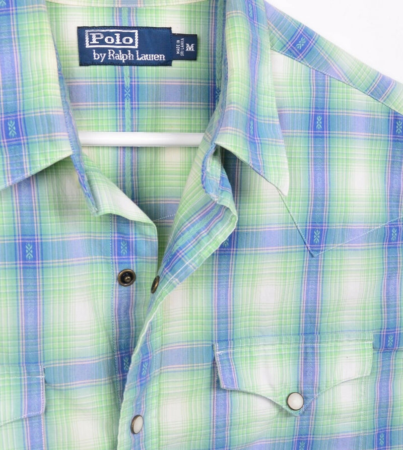 Polo Ralph Lauren Men's Medium Pearl Snap Green Blue Pink Plaid Western Shirt