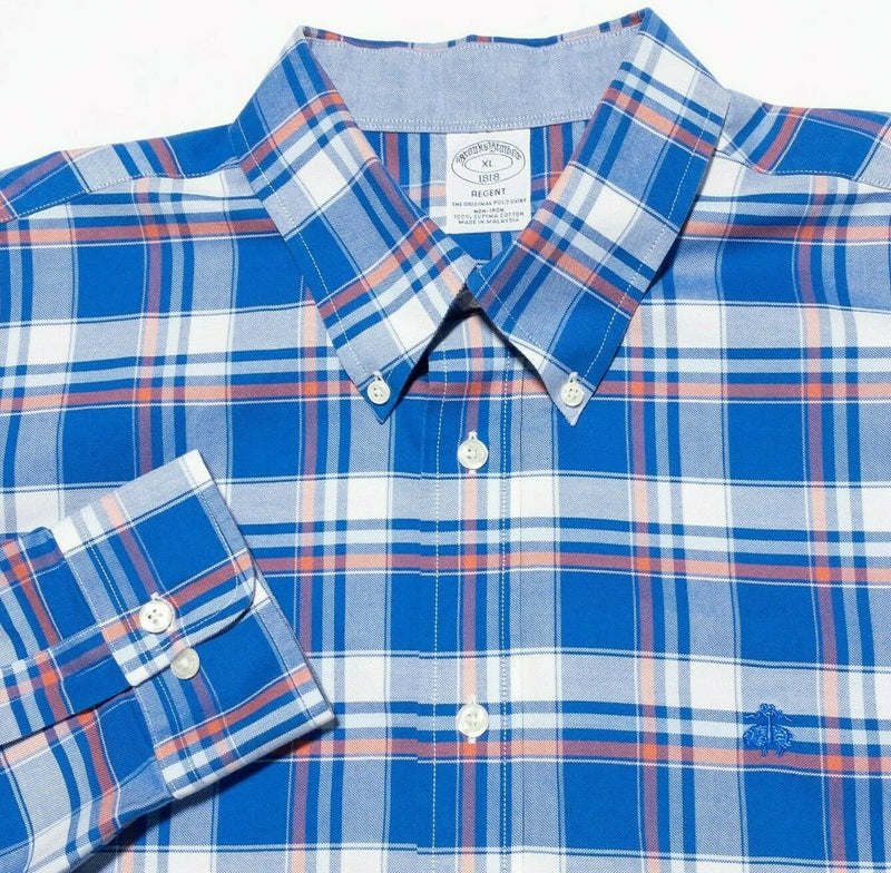 Brooks Brothers Men's Shirt XL Button-Down Blue Plaid Sheep Logo Long Sleeve