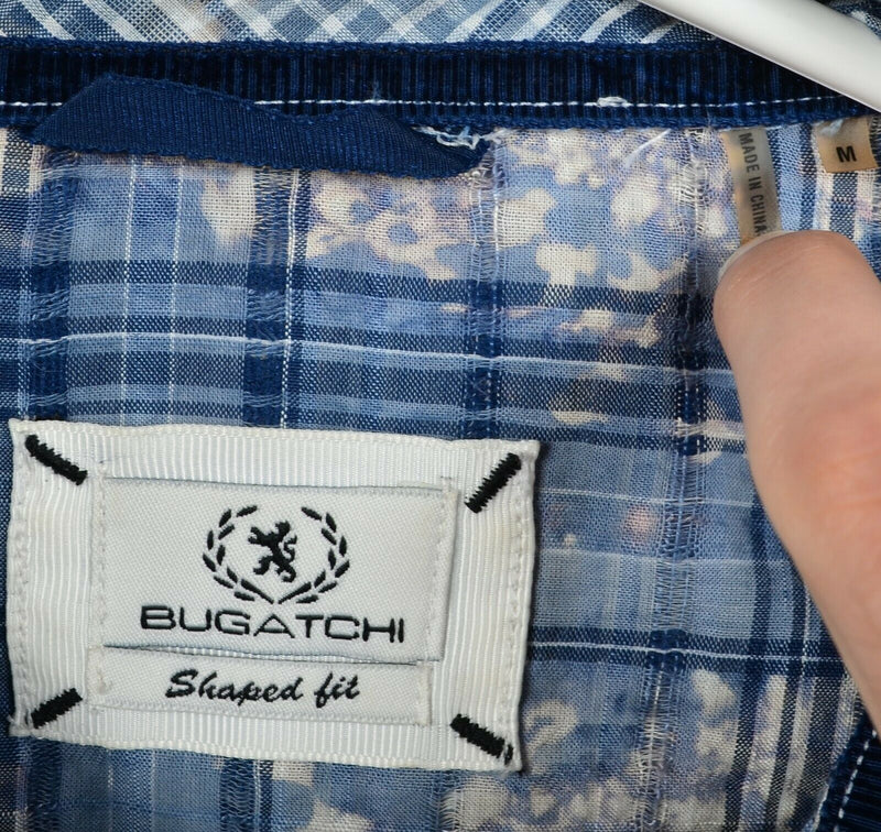 Bugatchi Men's Medium Shaped Fit Pearl Snap Flip Cuff Distressed Plaid Shirt