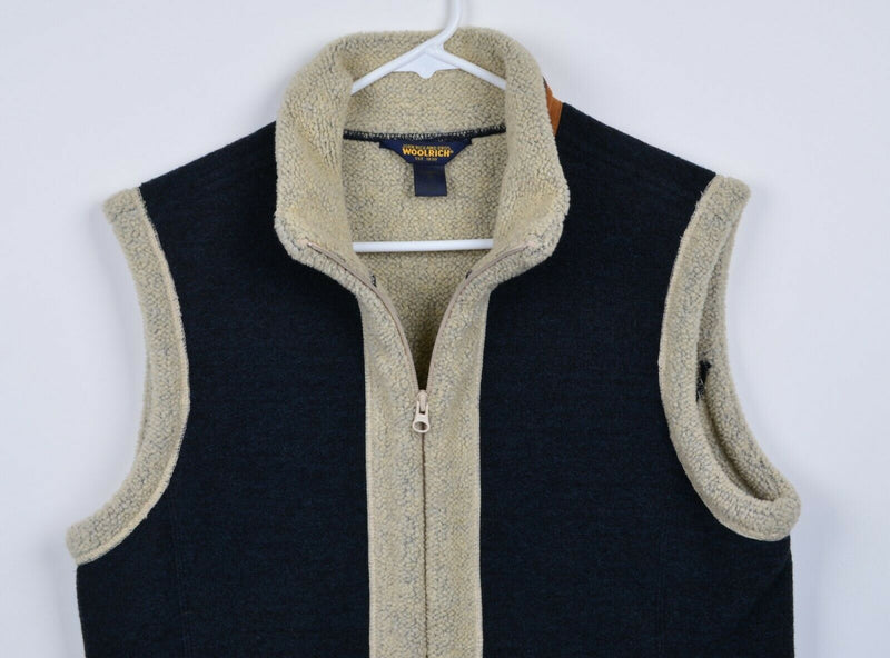 Woolrich Women’s Medium Sherpa Lined Navy Blue Suede Collar Full Zip Vest