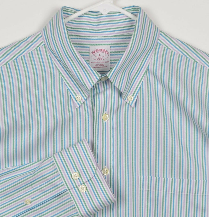 Brooks Brothers Men's Sz Large Purple Green Blue Striped Non-Iron Dress Shirt