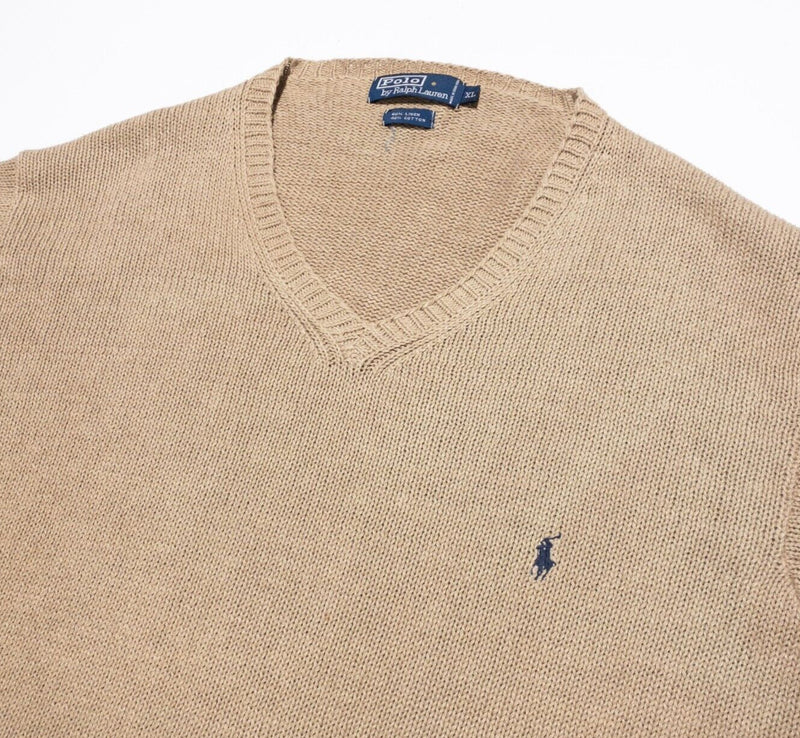 Polo Ralph Lauren Linen Sweater Men's XL Knit Pullover V-Neck Oatmeal Tan