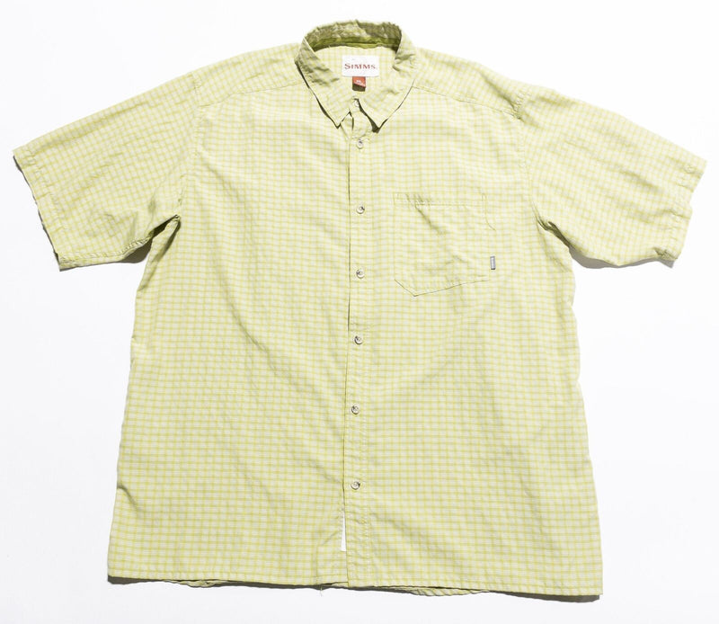 Simms Fishing Shirt Men's 2XL Green/Yellow Check Short Sleeve Button-Up Wicking