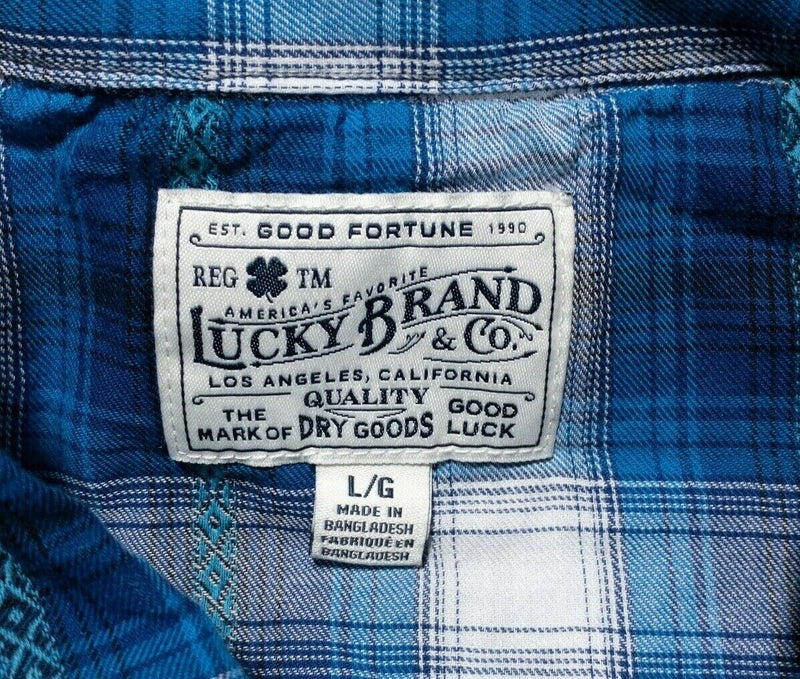 Lucky Brand Pearl Snap Shirt Large Men's Blue Plaid Aztec Short Sleeve Western