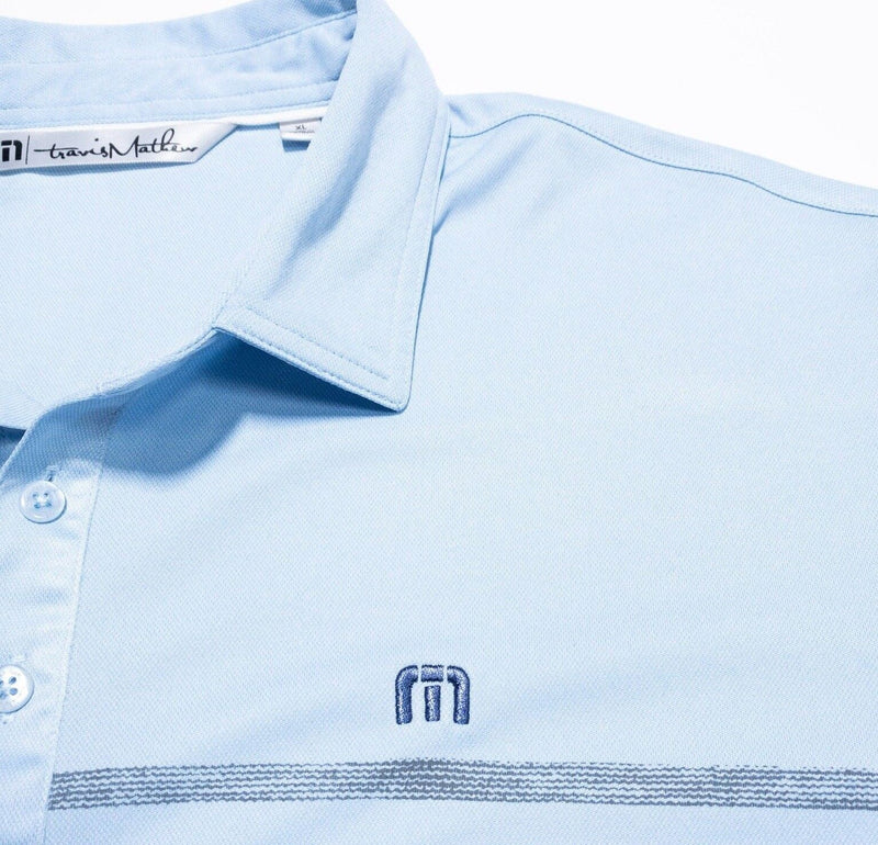 Travis Mathew Golf Polo XL Men's Shirt Light Blue Chest Stripe Polyester Wicking