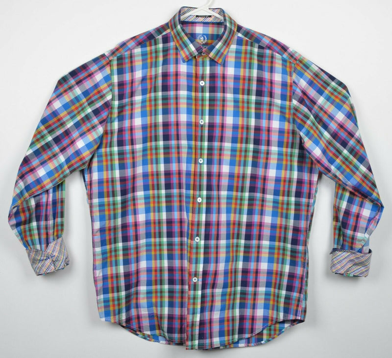 Bugatchi Uomo Men's XL? Flip Cuff Colorful Plaid Designer Button-Front Shirt
