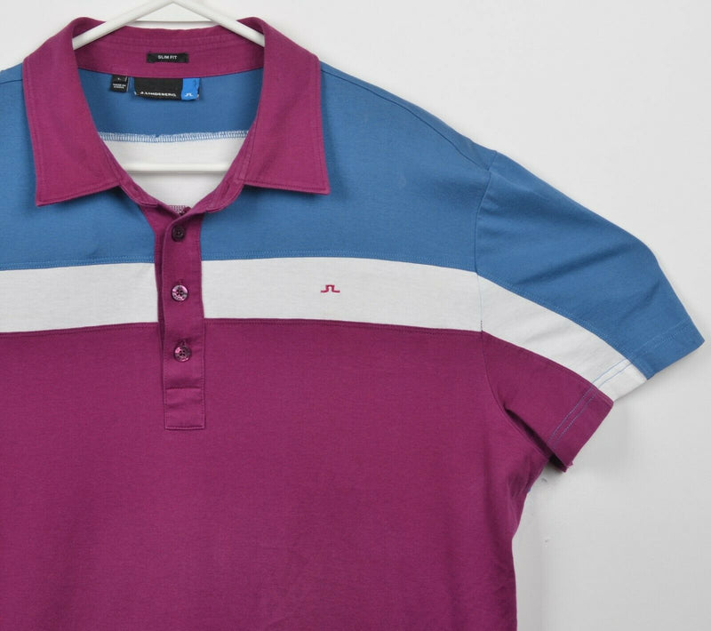 J.Lindeberg Men's Large Slim Magenta Purple Blue Striped Lux Golf Polo Shirt