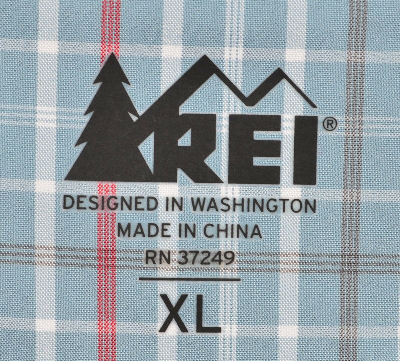 REI Men's XL Vented Blue Plaid Check Hiking Travel Wicking Button-Front Shirt