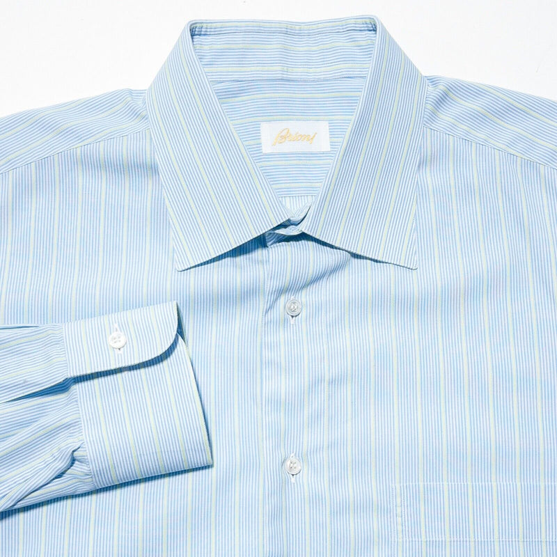 Brioni Shirt 17.5 Men's Light Blue Green Striped Long Sleeve Italy Designer