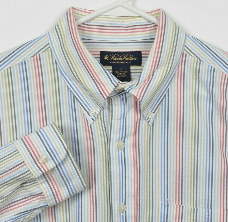 Brooks Brothers Men's Large Seersucker Multi-Color Striped Button-Down Shirt