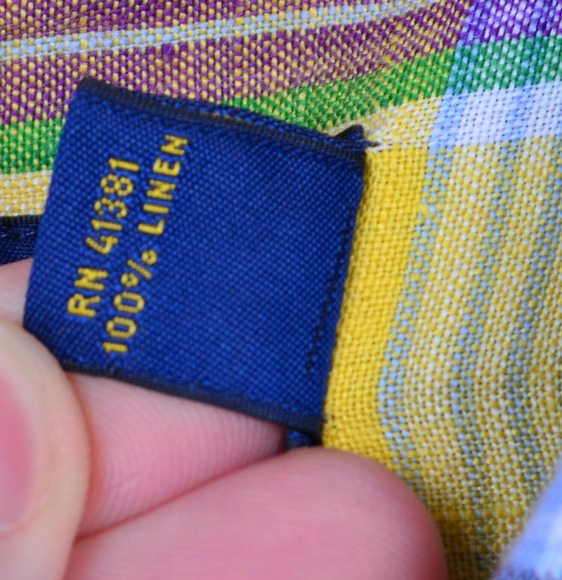 Polo Ralph Lauren Men's Sz Large 100% Linen Yellow Multi-Color Plaid S/S Shirt