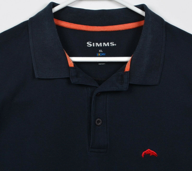 Simms 3XDry Men's XL Fish Logo Solid Dark Navy Blue Short Sleeve Polo Shirt