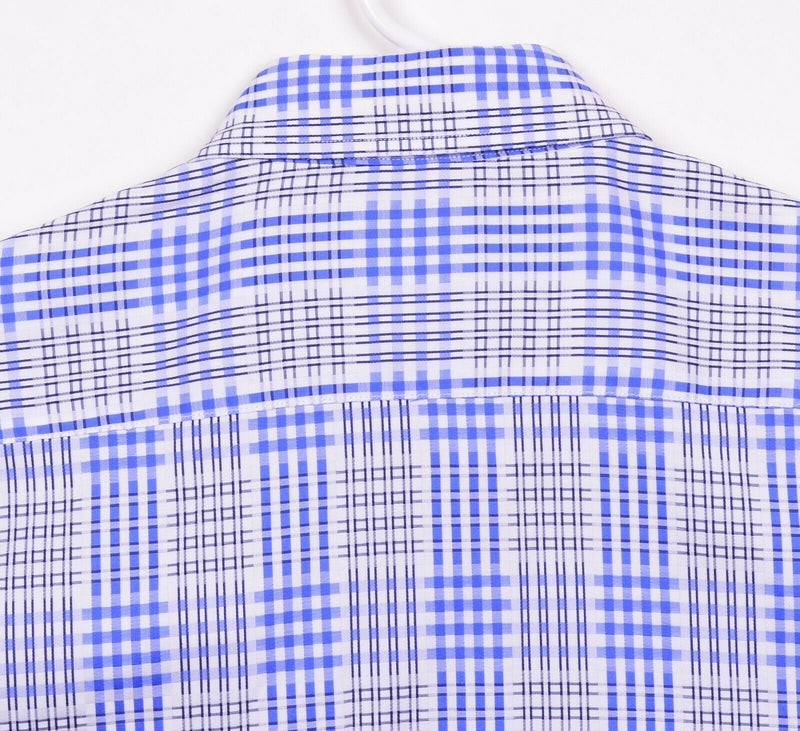 Tailorbyrd Men's Sz Large Flip Cuff Blue White Plaid Striped Long Sleeve Shirt