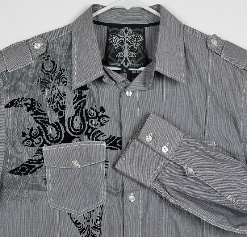 Roar Men's Sz Large Embroidered Lion Gray Striped Long Sleeve Venture Shirt