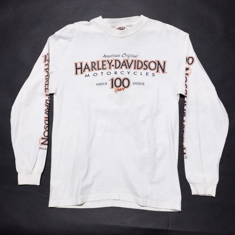 Harley-Davidson 100th Anniversary T-Shirt Men's Medium White Y2K Long Sleeve