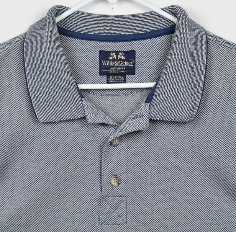 Vtg Willis & Geiger Men's Sz Large Navy Blue Herringbone Made in USA Polo Shirt