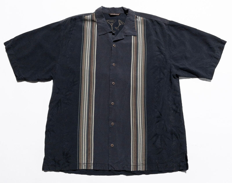 Tommy Bahama Bowling Shirt Men's XL Panel Stripe Hawaiian Aloha Black Silk