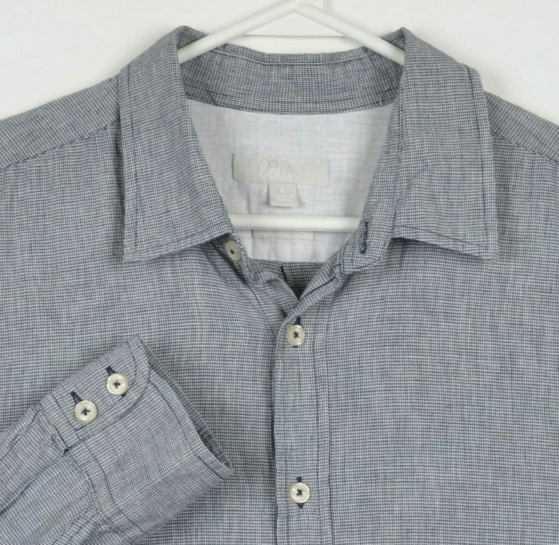 Boden Men's Large Linen Blend Blue/Gray Houndstooth Plaid Button-Front Shirt