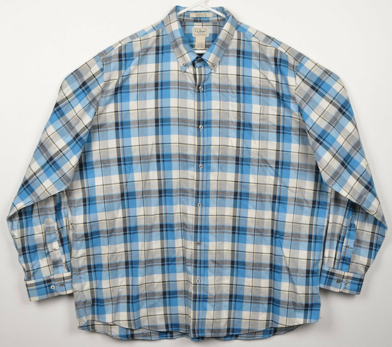 LL Bean Men's 2XL Traditional Fit Wrinkle Free Blue Gray Plaid Button-Down Shirt