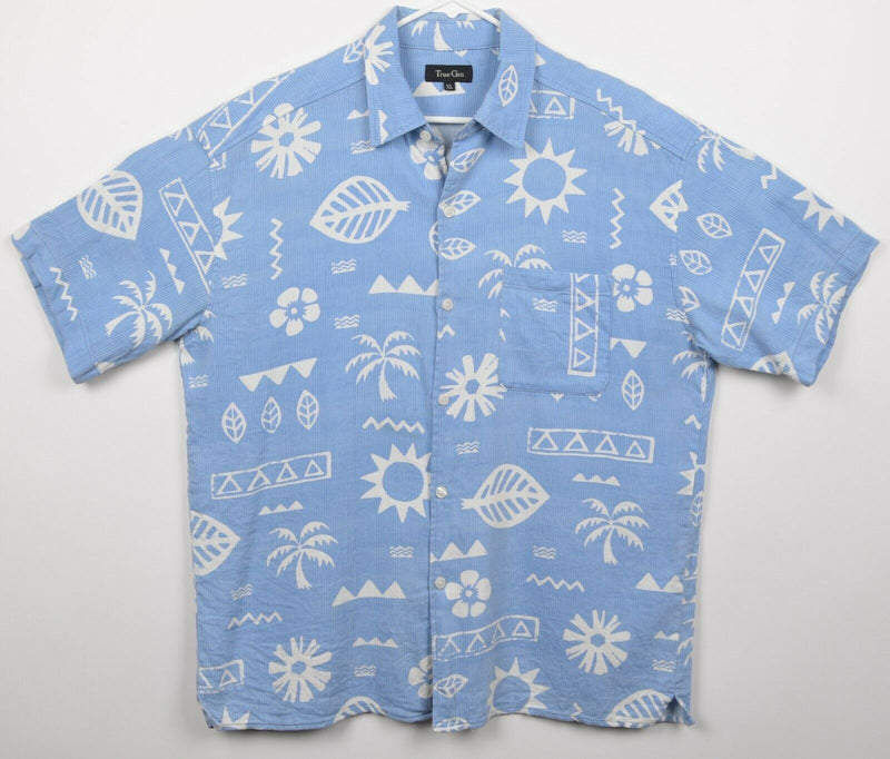 True Grit Men's Sz XL Blue Geometric Pattern Short Sleeve Button-Front Shirt