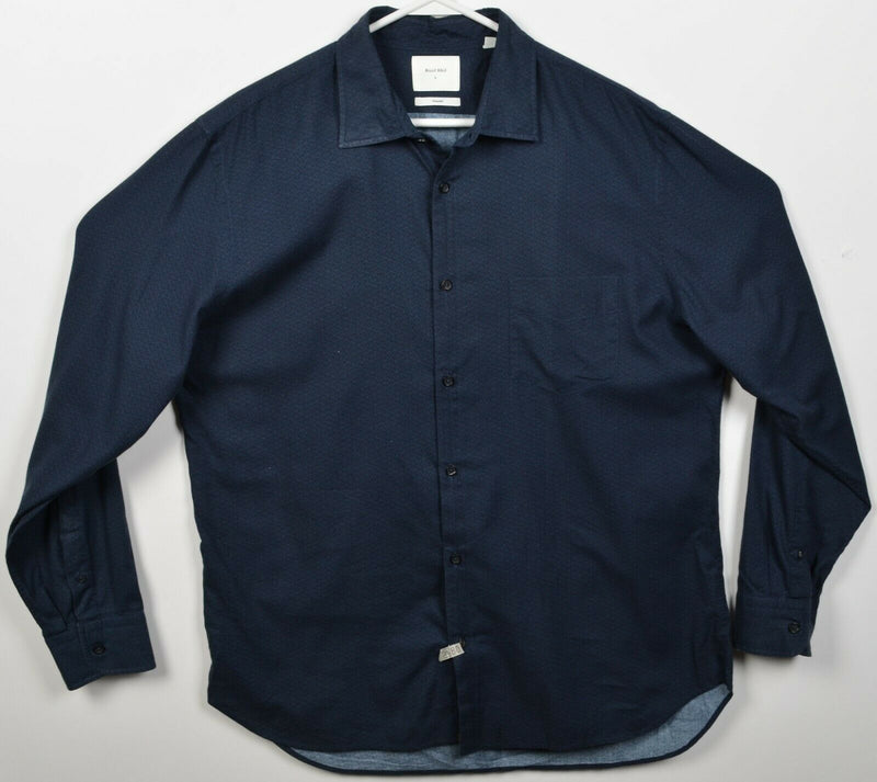 Billy Reid Men's Large Standard Cut Navy Blue Geometric Button-Front Shirt