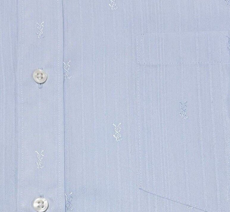 Yves Saint Laurent Men's Shirt 17 All Over Print Logo YSL Blue Dress Shirt