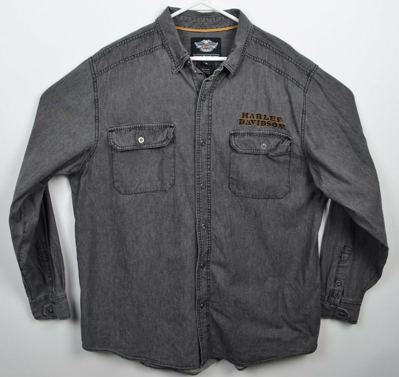 Harley-Davidson Men's XL Gray Denim Biker Garage Mechanic Button-Front Shirt