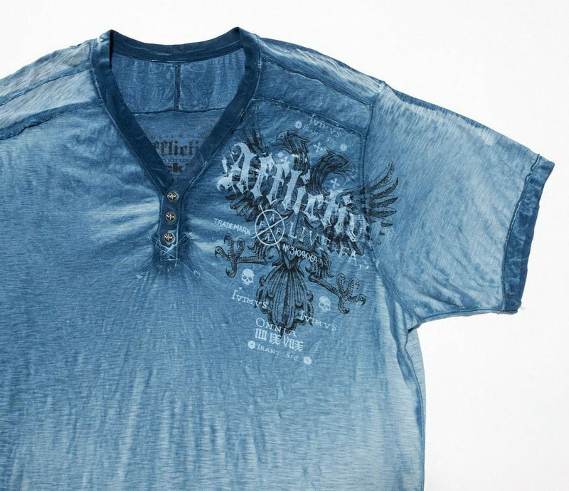 Affliction T-Shirt 3XL Men's Eagle Skull Tribal Distressed Blue Buckle Henley