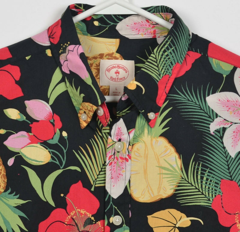 Brooks Brothers Men Large Floral Red Black Pineapple Hawaiian Button-Down Shirt