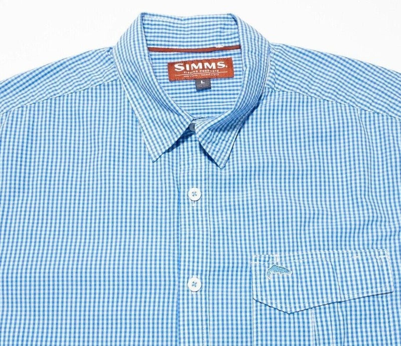 Simms Fishing Shirt Large Men's Blue White Check Short Sleeve Button-Front