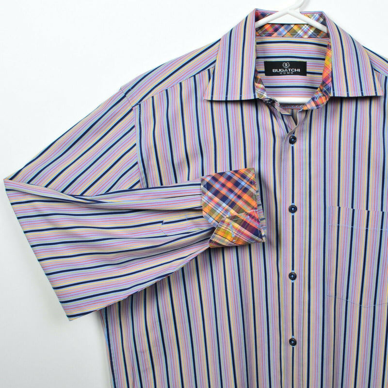 Bugatchi Uomo Men's Medium Flip Cuff Pink Multi-Color Striped Button-Front Shirt