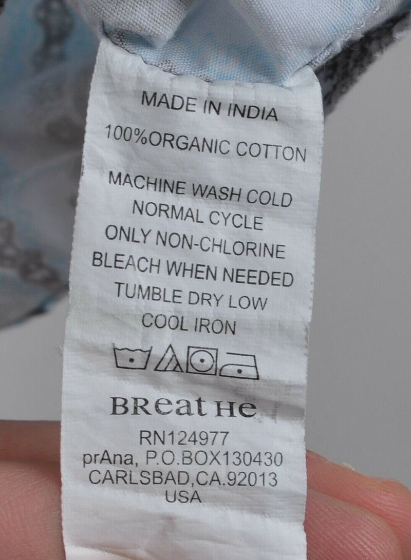 Prana Men's Sz Medium Organic Cotton White Blue Geometric Button-Front Shirt