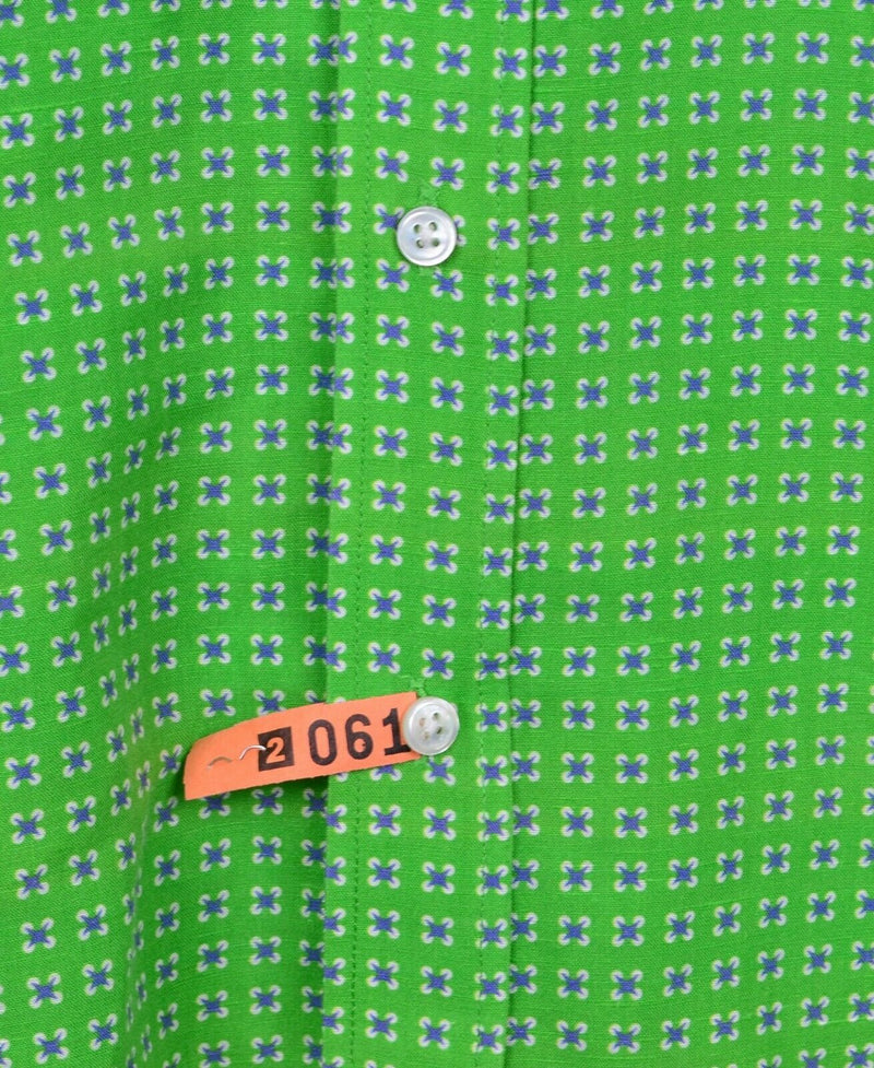 J. McLaughlin Men's Sz Large Trim Linen Blend Green Geometric Long Sleeve Shirt