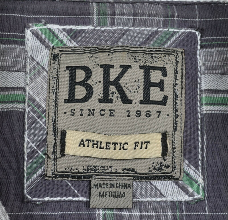 BKE Buckle Men's Medium Athletic Fit Pearl Snap Gray Green Plaid Shirt
