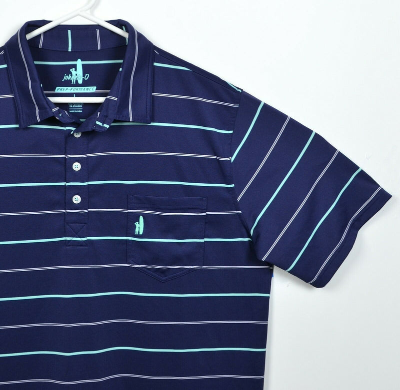 Johnnie-O Prep-Formance Men's Large Navy Aqua Stripe Wicking Golf Polo Shirt