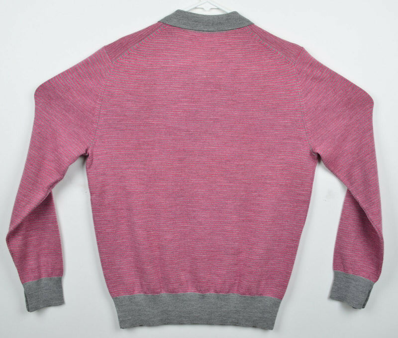 Club Monaco Men's Small 100% Wool Pink Gray Striped Collared Shirt Sweater