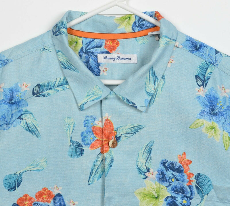 Tommy Bahama Men's XL 100% Silk Light Blue Floral Hawaiian Aloha Camp Shirt