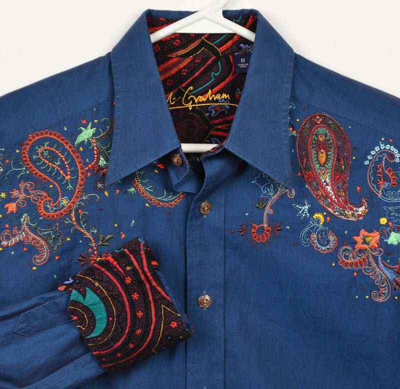 Robert Graham Men's Medium Paisley Embroidered Flip Cuff Navy Blue Shirt