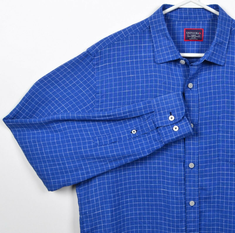 UNTUCKit Men's Large Slim Fit 100% Linen Wrinkle Resistant Blue Check Shirt