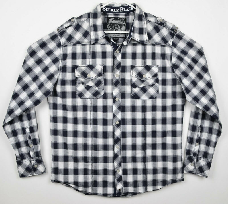 Buckle Black Men's Sz XL Slim Fit Snap Front White Black Plaid Rockabilly Shirt